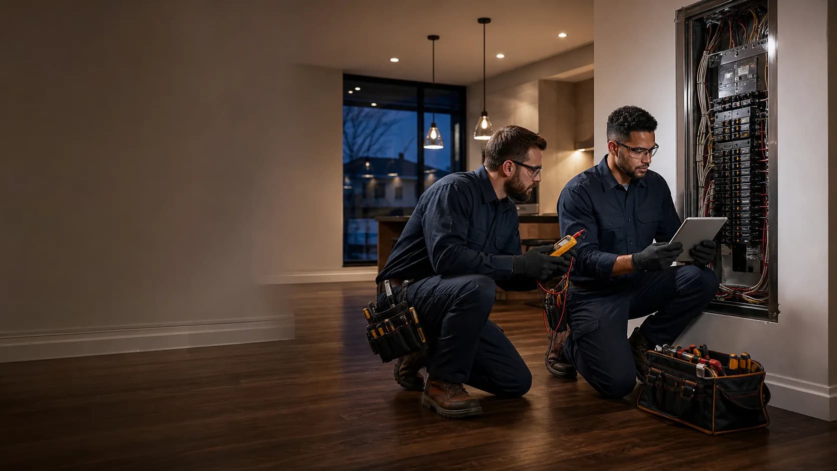 Licensed electricians inspecting an electrical panel